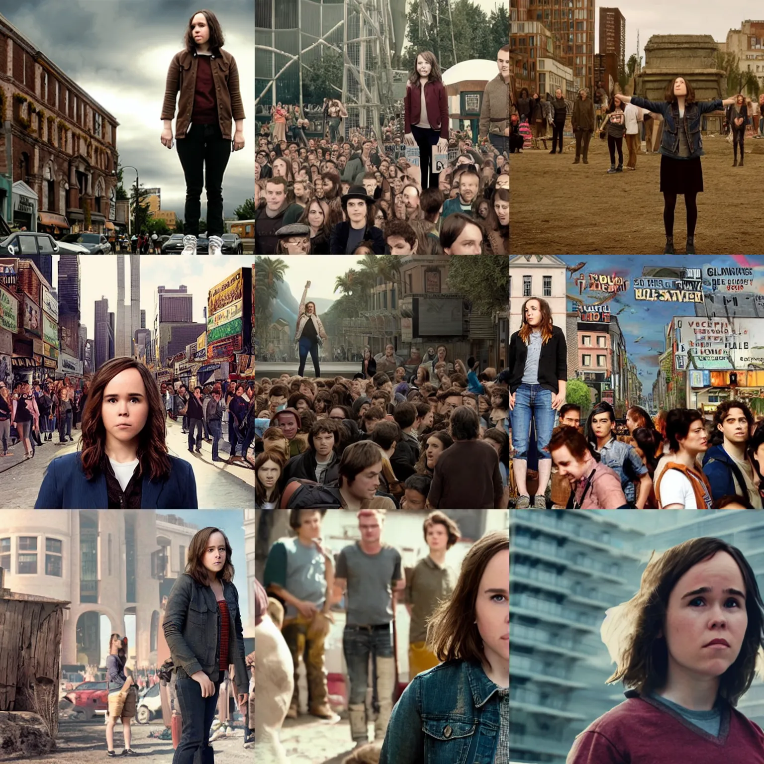 Prompt: Giant Ellen Page stands next to a town, surrounded by people, Gulliver's Travels