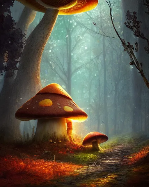 Prompt: a tall cute mushroom house in a magical forest in autumn, cinematic, stunning, adorable, artstation, smooth, hard focus, illustration, art by jessica rossier and and brian froud