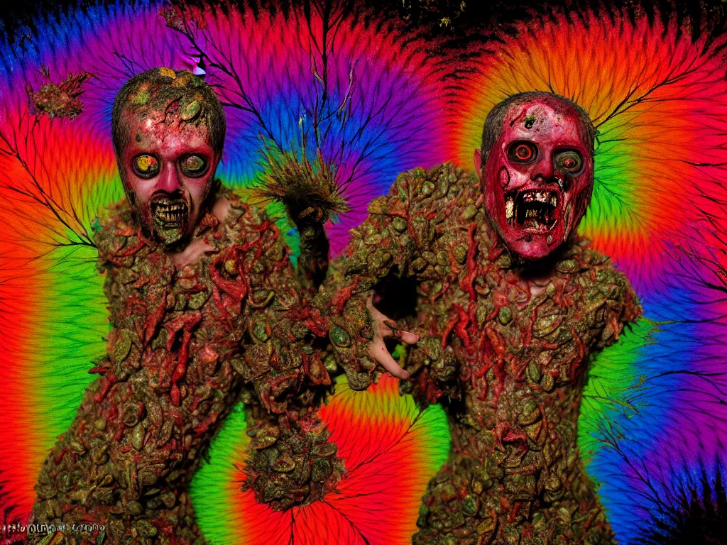 Prompt: a portrait of a beautiful colorful ( flesh - eating ) yamazaku covered in raindow fur, eating the leg of a screaming man, ground covered in maggots, seen from a fractal kaleidoscope, schizophrenic hallucination, fear, morbid, nightmare, supernatural, 8 k, hd photography, highly detailed, chiaroscuro, terrifying