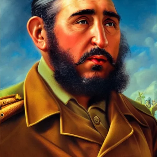 Prompt: Fidel Castro propaganda poster, Realistic, Regal, Refined, Detailed Digital Art, Michael Cheval, Walt Disney (1937), François Boucher, Oil Painting, Steampunk, Highly Detailed, Cinematic Lighting, Unreal Engine, 8k