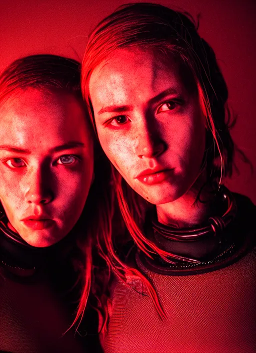 Image similar to cinestill 5 0 d photographic portrait of two loving female androids wearing rugged black mesh techwear on a desolate plain with a red sky, extreme closeup, cyberpunk style, garters, dust storm, 8 k, hd, high resolution, 3 5 mm, f / 3 2, ultra realistic faces, ex machina