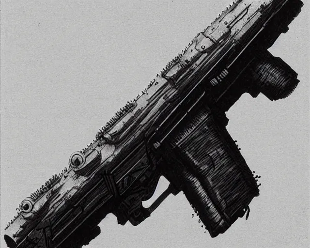 Image similar to cybernetic symbiosis gun, artstation, Art by Beksinski, unreal engine