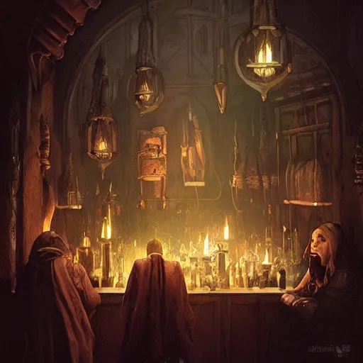 Prompt: “A dark tavern with lots of candles, creepy fantasy ambience, similar to Mos Eisley bar scene, D&D, fantasy, intricate, cinematic lighting, highly detailed, digital painting, artstation, concept art, smooth, sharp focus, illustration, art by Artgerm and Greg Rutkowski and Alphonse Mucha”