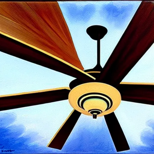 Image similar to an oil painting of a ceiling fan designed by frank lloyd wright