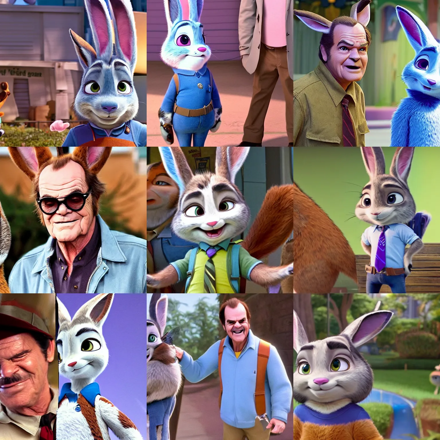Prompt: young Jack Nicholson as Judy Hopps in live action remake of Zootopia, principal set photography, publicity