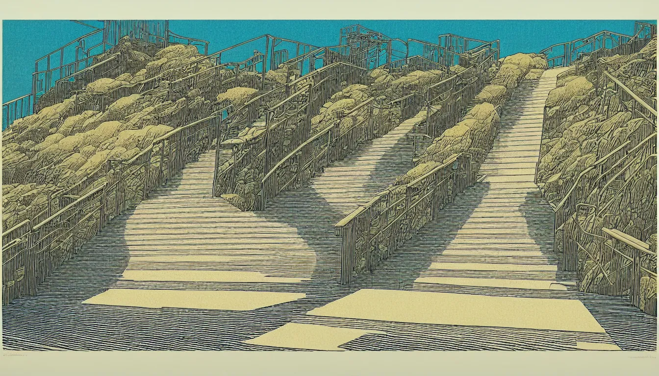 Prompt: stairs down to the beach by woodblock print, moebius