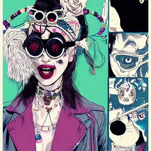 Image similar to a eccentric goth guy wearing goggles and eclectic jewelry, small details, aesthetic!!!, by harumi hironaka, by moebius, by geof darrow, by jamie hewlett,