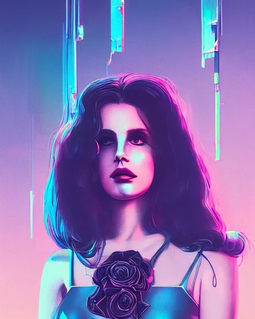 Image similar to portrait of lana del rey as a cyberpunk cyborg. sci - fi intricate abstract. intricate artwork, tear drops, roses, by tooth wu, wlop, beeple, dan mumford. concept art, octane render, trending on artstation, greg rutkowski, asymmetrical, cinematic arthouse, key art, hyper realism, iridescent accents