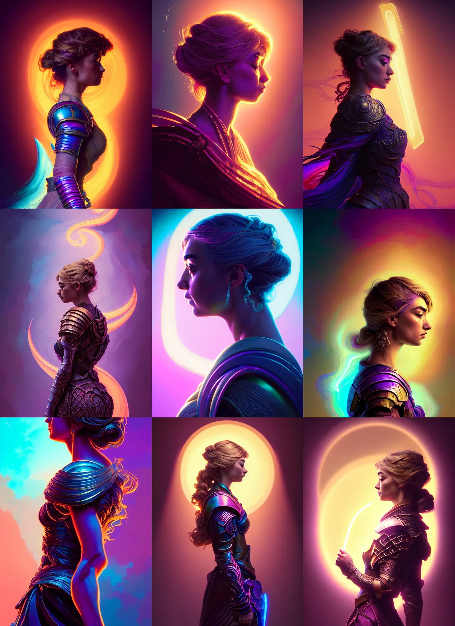 Prompt: side portrait, imogen poots paladin, gloomhaven, soft, smooth, luminescent, art nouveau tarot, backlit glow, colorful swirly ripples, gaudy colors, aesthetic octane render!, unreal engine, 8 k, by greg rutkowski, jesper ejsing, rhads, ilya kuvshinov, cushart krenz