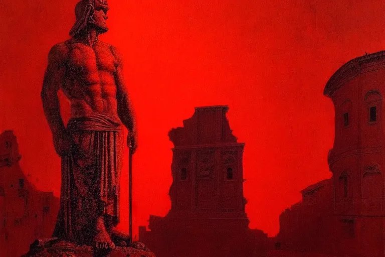 Image similar to only with red, caesar after war, a red tiger, in hoc signo vinces, rome in background, an ancient path, in the style of beksinski, part by hopper, part by rodcenko, part by hofbauer, intricate composition, red by caravaggio, insanely quality, highly detailed, masterpiece, red light, artstation