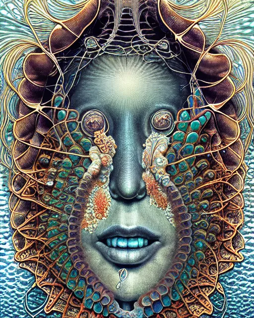 Image similar to hyperrealistic detailed underwater face portrait of the beautiful goddess of the fish with an intricate headgear of corals, sea kelp, sea plants, fish, starfish, jellyfish, art by ernst haeckel, james jean, gothic, neo - gothic, ornamental, beautiful deep colours,