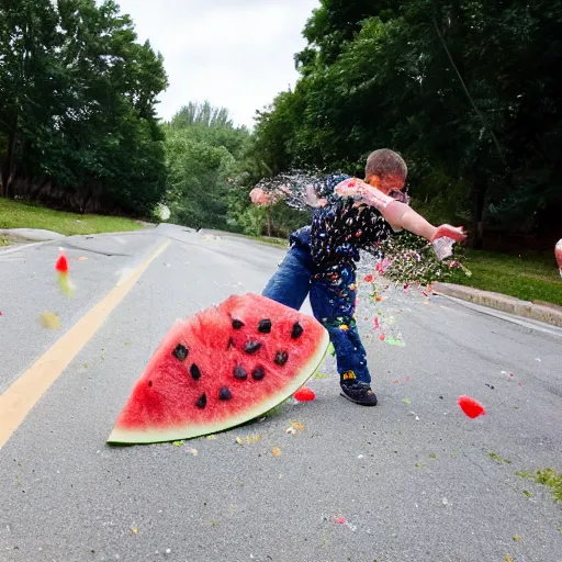 Image similar to a watermelon smashing against a stop sign. Watermelon bits flying everywhere.