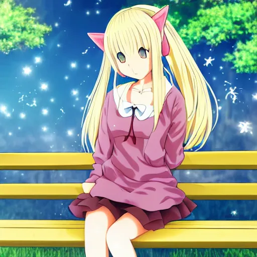 Image similar to picture of an anime girl with cat ears and long blond hair looking to her side, sitting on a bench with a park behind her, bokeh, anime art style, highly detailed, cartoon, cel - shaded, colorful, animated, trending