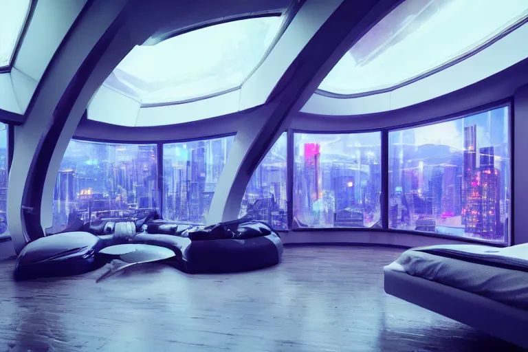 Image similar to a futuristic bedroom with large curved ceiling high windows looking out to a far future cyberpunk cityscape, cyberpunk neon lights, raining, scifi