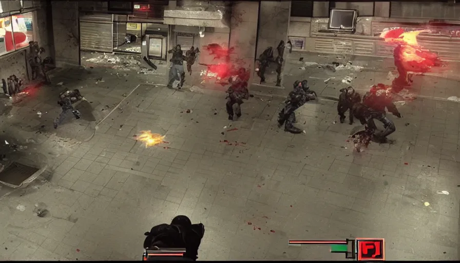 Prompt: 1994 Video Game Deathcam Screenshot, Anime Neo-tokyo Cyborg bank robbers vs police, Set inside of the Bank Lobby, Multiplayer set-piece in bank lobby, Tactical Squad :9, Police officers under heavy fire, Police Calling for back up, Bullet Holes and Realistic Blood Splatter, :6 Gas Grenades, Riot Shields, Large Caliber Sniper Fire, Chaos, Anime Cyberpunk, Ghost in The shell Bullet VFX, Machine Gun Fire, Violent Gun Action, Shootout, :7 Inspired by Escape From Tarkov + Intruder + Ghost In The Shell :9 by Katsuhiro Otomo: 9