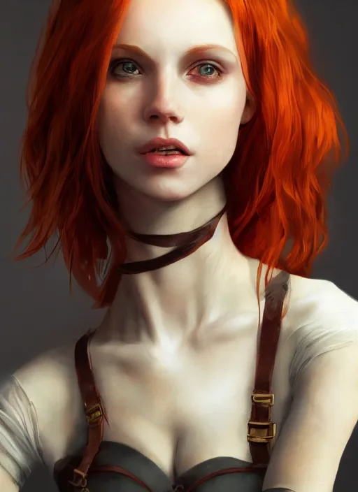 Image similar to Beautiful redhead girl which chest wrapped in bandages, portrait, fantasy, medieval, vivid colors, fantasy, elegant, concept art, sharp focus, beautiful face, digital art, Hyper-realistic, 4K, Unreal Engine, Highly Detailed, HD, Dramatic Lighting by Brom, trending on Artstation