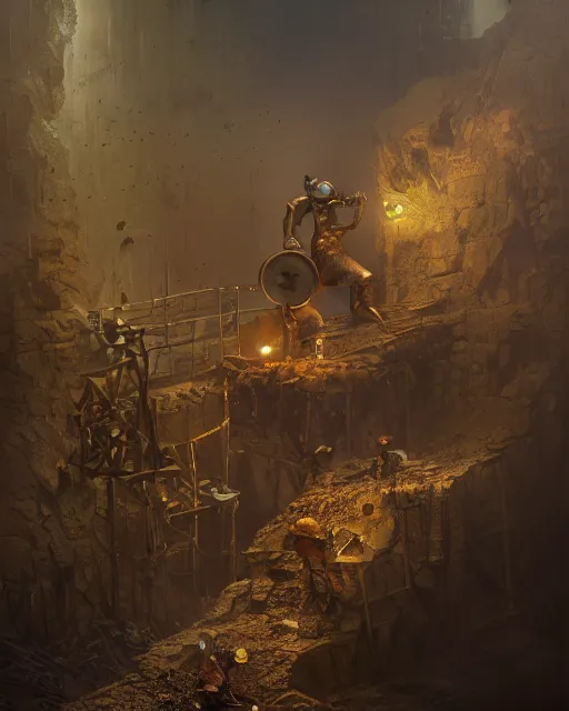 Prompt: oil painting of poor anthropomorphized mole mining gold, medium shot, full body, dark steampunk mine shaft background, sharp focus, fantasy style, octane render, volumetric lighting, 8k high definition, by greg rutkowski, highly detailed, trending on art Station, centered