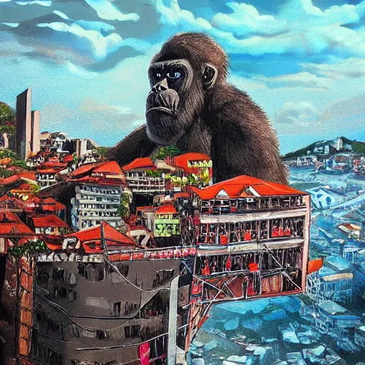 Image similar to king kong destroying funchal's city bay near the streets, trampled, by caio fantinim, trending on artstation, award winning