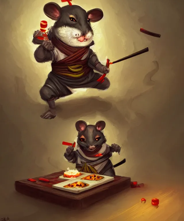 Image similar to anthropomorphic hamster ninja eating sushi, ninja outfit, standing in a buddhist temple, cute and adorable, dnd character art portrait, matte fantasy painting, deviantart artstation, by jason felix by steve argyle by tyler jacobson by peter mohrbacher, cinematic lighting