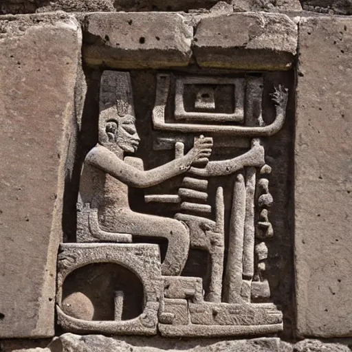 Prompt: a photograph of an ancient ruin monument depicting a man playing a synthesizer, maya, inka, aztec