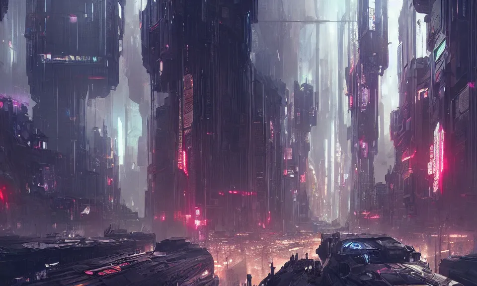 Prompt: A cyberpunk city, designed by Greg Rutkowski. Trending on Artstation