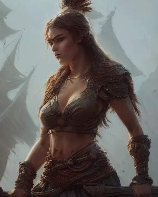 Prompt: A beautiful female warrior posing on a boat, beautiful face, highly detailed face, close-up, fantasy art, in the style of greg rutkowski, illustration, epic, fantasy, intricate, hyper detailed, artstation, concept art, smooth, sharp focus, ray tracing