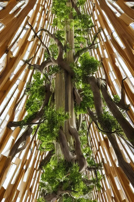 Image similar to urban atriums hyperdetailed hyperrealistic tree house, roots growing from bottom to ceiling, wooden modern decoration