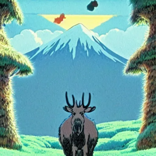 Prompt: \'Moose God\' by Studio Ghibli, now considered by art critics to be one of the most iconic and beautiful pieces of art in the 21st century