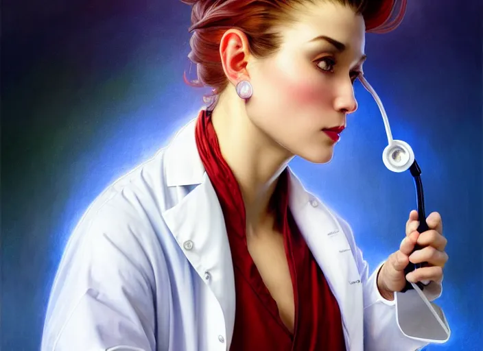 Image similar to a wide pepper wearing a white lab coat and stethoscope, diffuse lighting, fantasy, intricate, elegant, highly detailed, lifelike, photorealistic, digital painting, artstation, illustration, concept art, smooth, sharp focus, art by frank frazetta and marco bucci and loish and rossdraws and artgerm and alphonse mucha