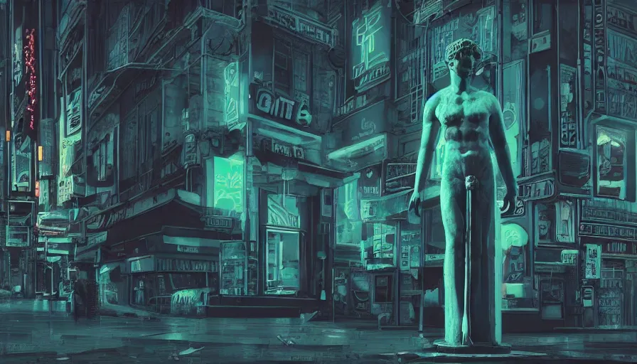 Image similar to a small weathered ancient greek sculpture standing in a square, surrounding by of cyberpunk city, neon sign, bladerunner, digital illustration, artstation, cinematic composition