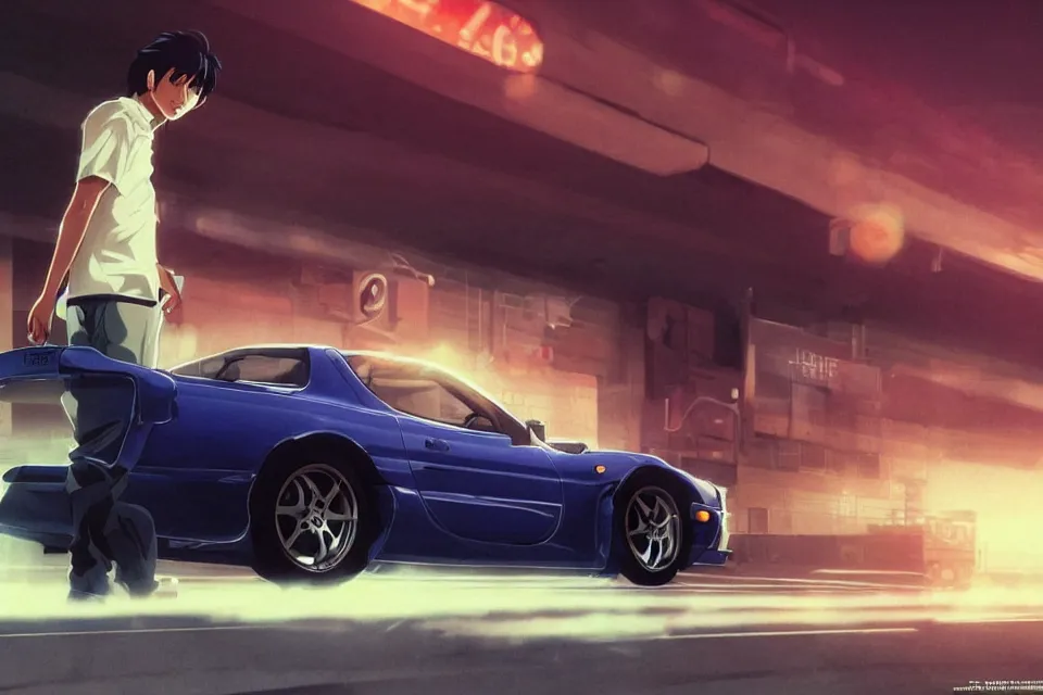 Prompt: aesthetic portrait illustration of ryosuke takahashi with black hair, dark blue shirt and white pants, standing by his white glossy mazda rx 7 on an empty highway at sunrise, cinematic lighting, initial d anime 1 0 8 0 p, 9 0 s anime aesthetic, volumetric lights, rule of thirds, unreal engine 5 render, pinterest wallpaper, trending on artstation