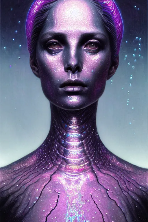 Prompt: pearlescent black lilith! the mother of all creatures! stares into the void, covered in iridescent glitter!! bioluminescent pink veins, raining ash, fine art masterpiece, highly detailed dino valls wayne barlowe machiej kuciara, dramatic lighting, medium shot, side angle, uhd 8 k, sharp focus