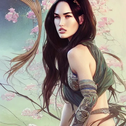 Image similar to ultra realistic illustration, megan fox as chinese anime, intricate, elegant, highly detailed, digital painting, artstation, concept art, smooth, sharp focus, illustration, art by artgerm and greg rutkowski and alphonse mucha and wlop