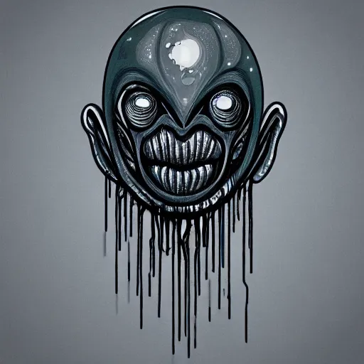 Prompt: viscuous liquid dripping from a cancerous alien face in a futuristic grey environment