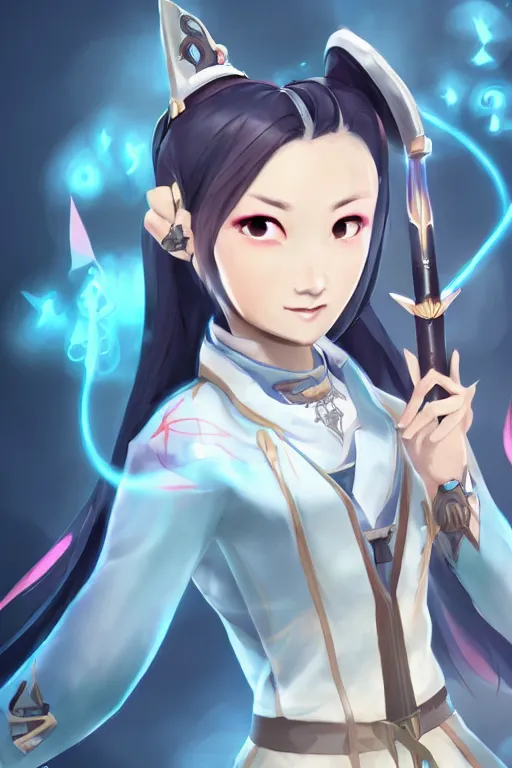 Image similar to a south korean female from paladins, white ponytail hair, she is holding a kunai, cloud tattoos on her arms, wearing light blue short jacket, highly detailed digital art, character design, masterpiece