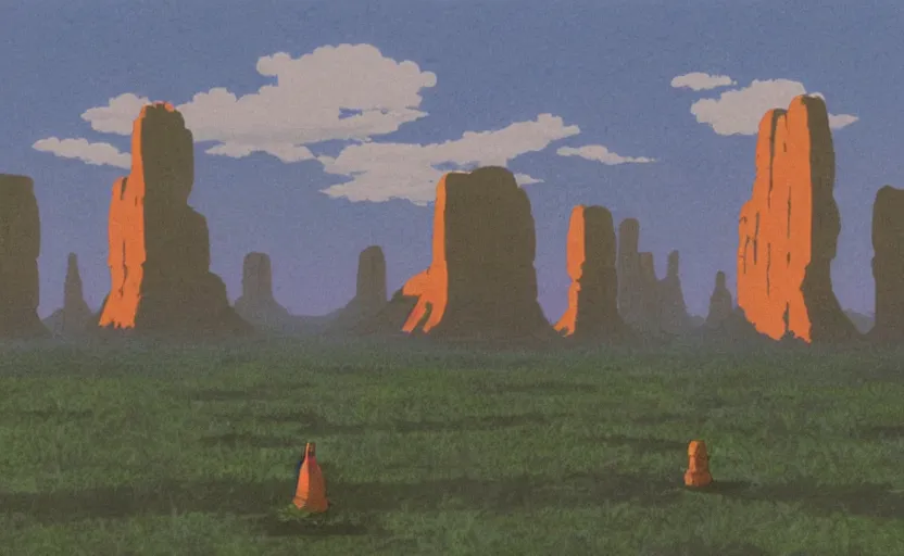 Image similar to a cell - shaded studio ghibli concept art from paprika ( 2 0 0 6 ) of a spaceship from close encounters of the third kind ( 1 9 7 7 ) in a lush temple that looks like monument valley stonehenge jungle. a caravan is in the foreground. very dull colors, portal, hd, 4 k, hq