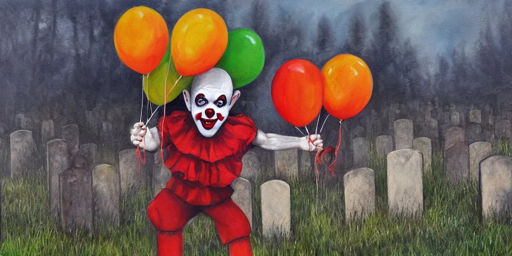 Image similar to realistic painting of it clown in a graveyard