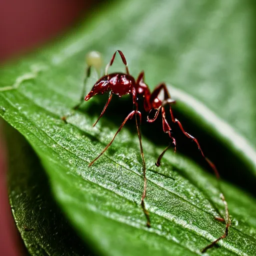 Image similar to robotic ant on a green leaf, macro photography, 8 k, moody lighting, shallow depth of field,