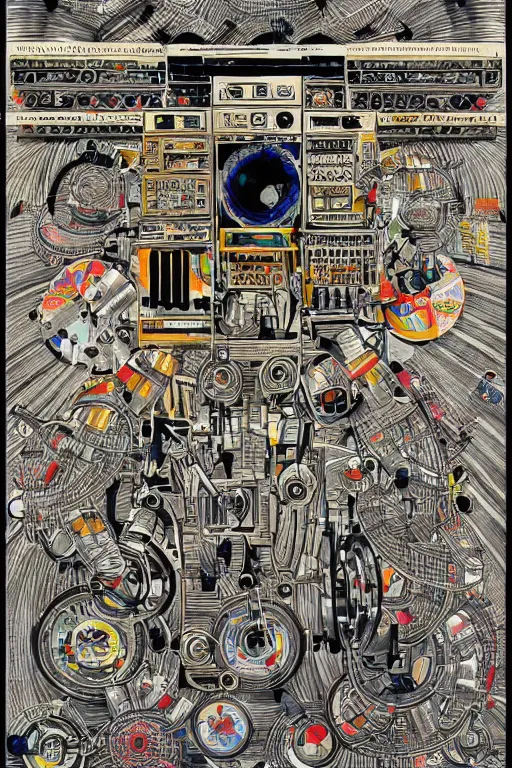 Image similar to infographic about an old tape machine robot by Dan Mumford , stanley donwood, fred tomaselli