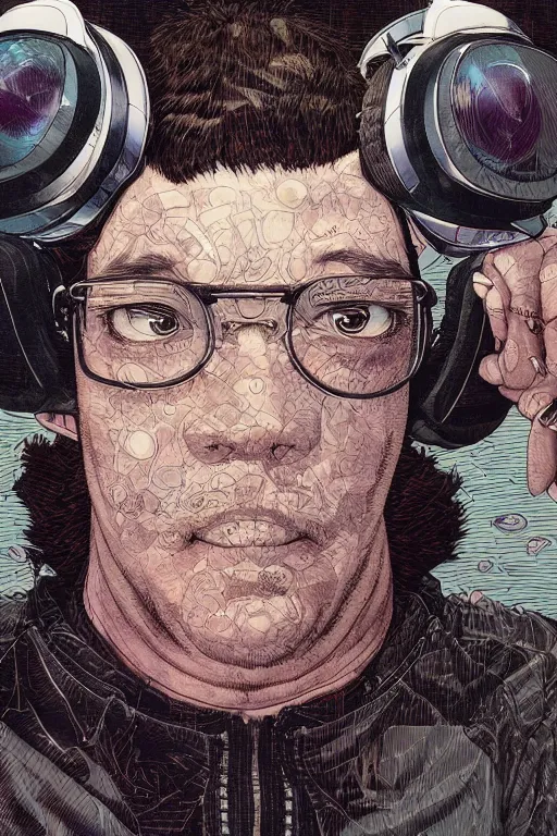 Prompt: portrait closeup of middle aged man wearing vr headset, symmetrical, by yoichi hatakenaka, masamune shirow, josan gonzales and dan mumford, ayami kojima, takato yamamoto, barclay shaw, karol bak, yukito kishiro