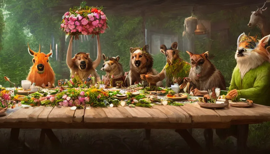 Image similar to a table dinner of animals where animals are dressed like the characters from the midsommar movie wearing flowers, realistic detailed digital art by maxwell boas jessica rossier christian dimitrov anton fadeev trending on artstation cgsociety rendered in unreal engine 4 k hq