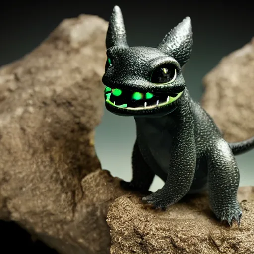 Prompt: realistic miniature of bioluminescent toothless on a studio shot, 1 0 0 mm, hyper realism, detailed, high definition, smooth, sharp focus