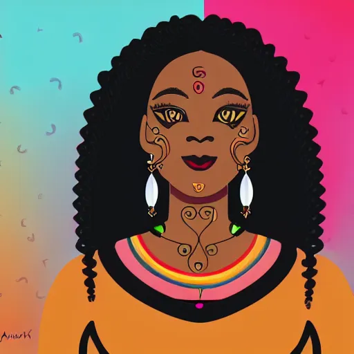 Prompt: an adult black woman, light skin, colorful ornate earrings, curly 3 c black hair, smile on her face, brown eyes, holding her small black bombay cat in the style of alex grey, trending on art station 8 k