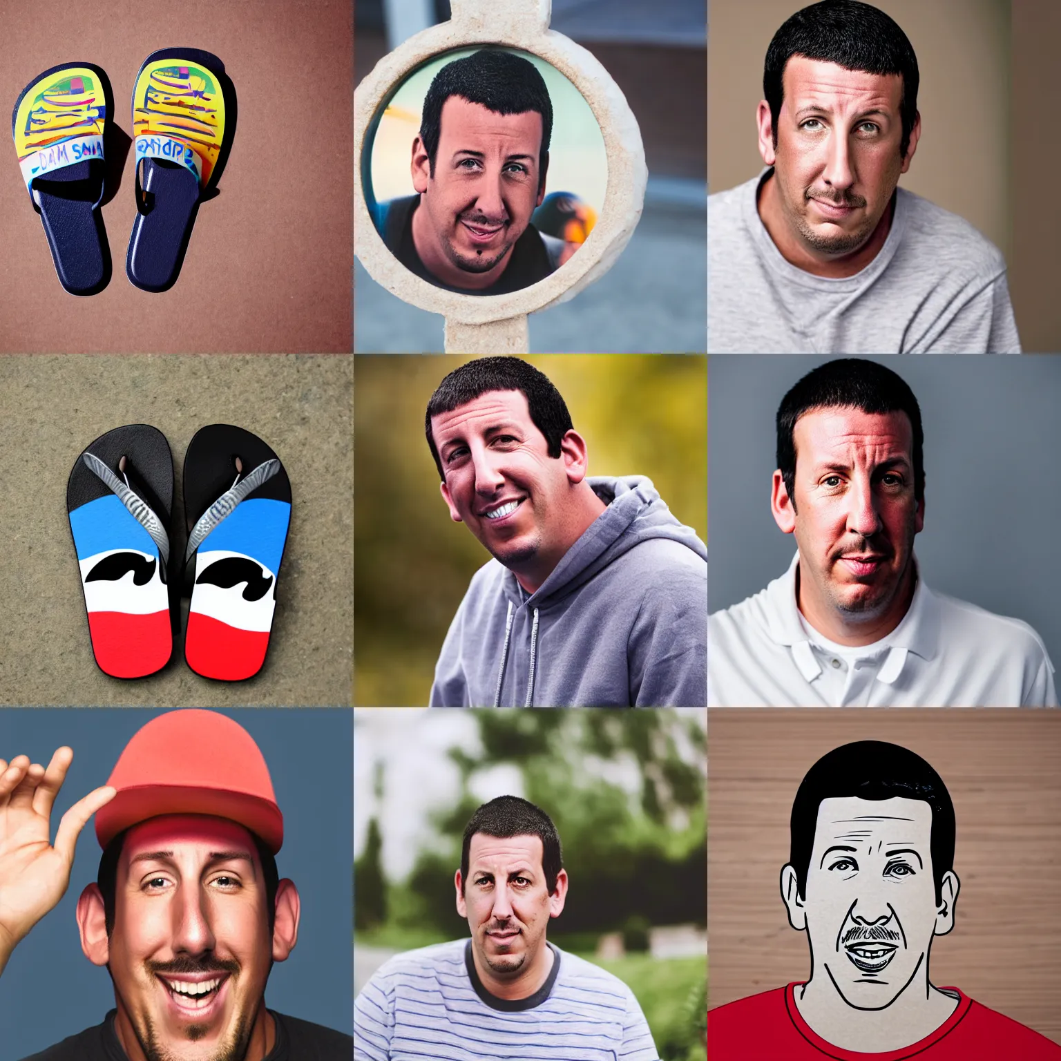 Prompt: a flip - flop that looks like adam sandler, sigma 8 5 mm