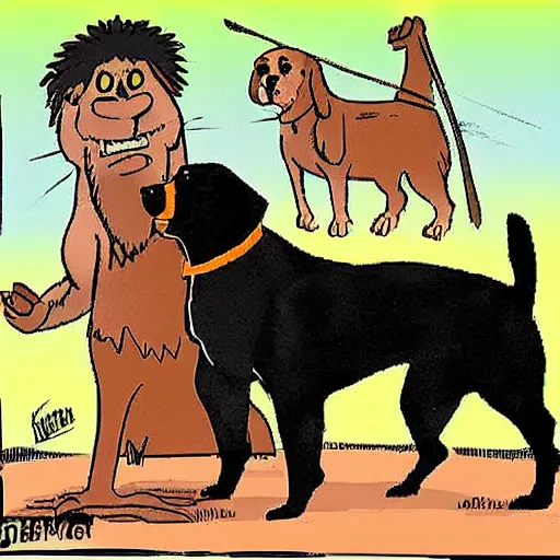 Prompt: Rottweiler wearing caveman attire, cartoon