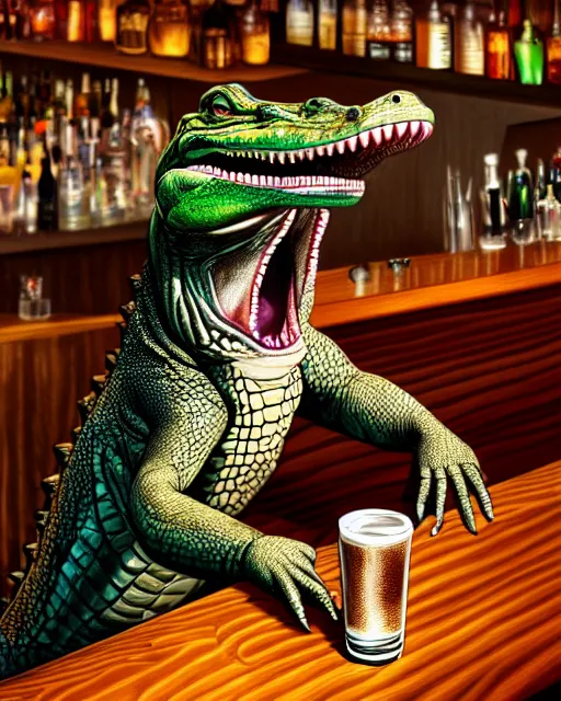 Image similar to a photo of an alligator serving drinks at a bar, fine - face, realistic shaded, fine details. realistic shaded lighting, artgerm, trending on art station