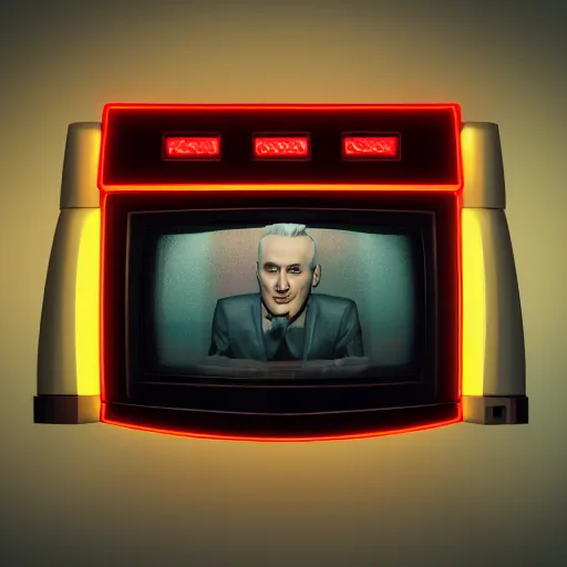 Image similar to a hyperrealistic 3 d render of max headroom on a vintage tv, octane render, unreal engine, 8 k, photorealistic, trending on artstation, ultra detailed, volumetric lighting, dramatic lighting, lasers, neon