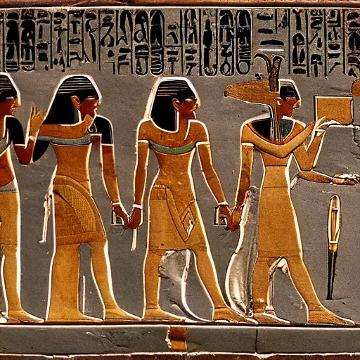 Prompt: a fragment of ancient egyptian hierographic panel of people using a computer, using a computer in ancient egypti art style, of folks using a computer