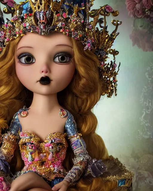Prompt: highly detailed closeup, face profile portrait of a tin toy goth fairytale princess wearing a crown and sitting on a throne, bikini, depth of field, fashion photoshoot by nicoletta ceccoli, mark ryden, lostfish, dan decarlo, bob clampett, max fleischer, breathtaking, detailed and intricate environment, 8 k resolution, hyperrealistic, octane render