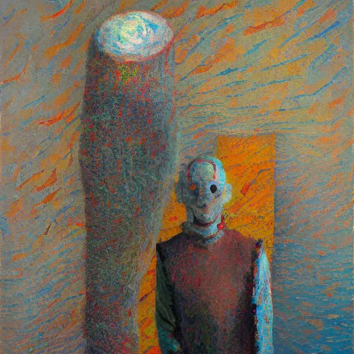 Prompt: a detailed impasto painting by shaun tan and walter battiss of an abstract forgotten sculpture by the caretaker and ivan seal
